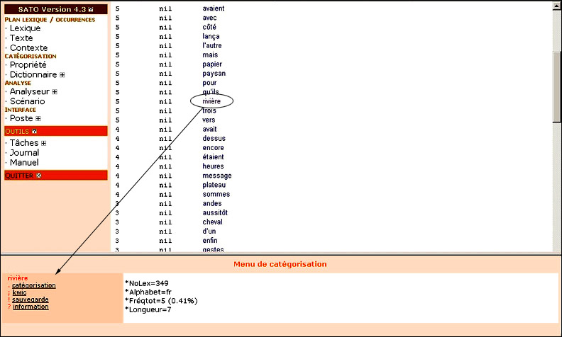 Illustration 3. Affichage du lexique avec accès au menu de catégorisation