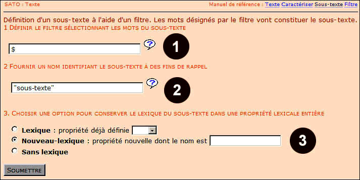 Illustration 3. Choix du filtre, du nom du sous-texte et du sous-lexique
